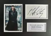 MARK STRONG HAND SIGNED WHITE CARD IN A4 SHERLOCK HOLMES MOUNT DISPLAY