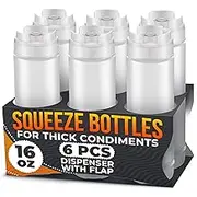 FIFO Squeeze Bottle Refillable 16 oz | Green Tip Small Valve Dispenser for Thin Condiments, Sauces, Batter and Dressing | Self Sealing No Drip No Hassle | (6 Pack)