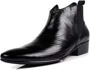 [Generic] Pointed Toe Work Boot for Men Ankle Boot Pull On StyleGenuine Leather Exquisite Texture Business Block Heel Easy Care