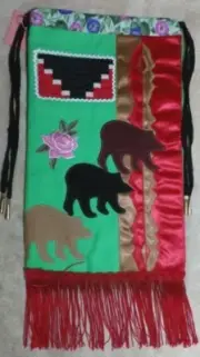 Native American Patchwork BEAR Paw 3 Brothers Bear DANCE PowWow Bag Purse Ribbon