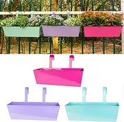LOVOUS 3 Pcs Railing Planter Box Outdoor Balcony 16 Inch Metal Hanging Flower Pots for Plants Rectangular Fence Hanging Planters with Detachable Hooks for Garden Yard Patio Porch Home Decor