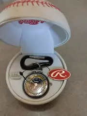Rawlings Clip on Quartz Watch Key Fob Silver Tone Round Analog In Baseball Case