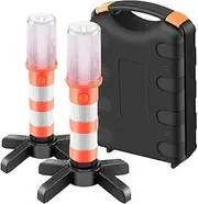 MMIAOO LED Emergency Roadside Flares Safety Strobe Light, 2PCS Safety Strobe Light, 3 in 1 Road Warning Beacon Flare with 2 Magnetic Bases/Detachable 2 Stands and Storage Case (Battery not Included)