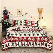 Mengersi Christmas Deer Bedding Pillowcase Duvet Cover Set with Zipper (King, Green)