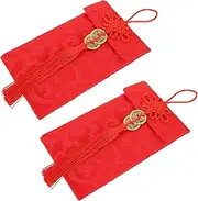 Generic 2pcs Embroidery Fabric Red Envelope Silk Red Chinese Year Red Envelopes Macrame Decor Garland Party Bookmark Tassels Packets Chinese Knot Pocket Wallet Basket Beads Bracelets Cloth
