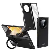 For Honor Magic V3 5G Case Lens Frame Kickstand PC Phone Cover with Tempered Glass Film Black