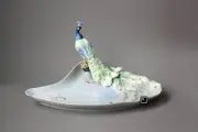 Art Nouveau White Porcelain Tray with Peacock and Pink Freesia Tray. Peacock