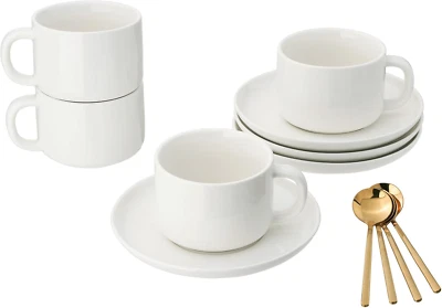 Porcelain Coffee Cups and Saucers Set of 4 White, 8 Ounce Coffee Cup for Cappucc
