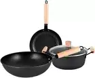 3-Piece Nonstick Cookware Set (Wok Frying Pan Soup Pot) Easy to Clean