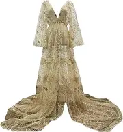 [D&J DON&JUDY] Women's Sparkly Moon and Star Sequin Tulle Sexy Maternity Dress for Photoshoot Illusion Bridal Maxi Evening Prom Dresses