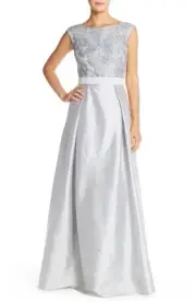 NWT $440 Aidan Mattox Lace & Taffeta Ballgown Silver [ SZ 0 ] #N413