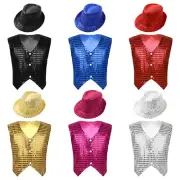 Boys Sequins Vest With Hat Waistcoat Tops Jazz Hip Hop Dance Party Show Costumes