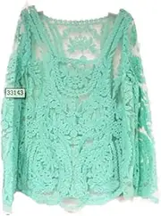 [Costume Bay] Women Semi Sexy Sheer Long Sleeves Embroidery Floral Lace Crochet Top Blouse Tee Sheer