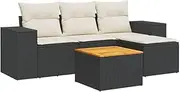 vidaxl Garden Sofa Set - 5 Piece Modular Outdoor Furniture - Black Poly Rattan with Cushions - Patio Lounger - Acacia Wood Table