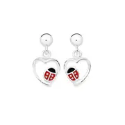 Silver Red Enamel Ladybug Open Heart Earrings in Red