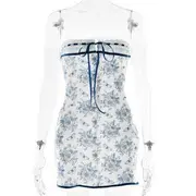 Strapless Floral Print Half-Button Mini Bodycon Dress Blue - XS