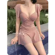 Cap-Sleeve Plain Ruched Swimdress Pink - XL