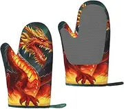 Silicone Oven Mitts 2 Pack Heat Resistant 450 Degrees Dragon King in Fire Oven Gloves BBQ Gloves Waterproof Non-Slip Kitchen Mitts Potholders for Baking Cooking Barbecue