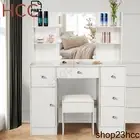 39.3" Large LED Make up Vanity Desk with Lighted Mirror, Stool and Storage Table