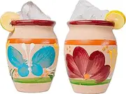 Cantaritos de Barro Mexicanos - Set of 2 Authentic Mexican Glazed Clay Mugs 14 oz - Jarritos de Barro Mexicanos - Clay Cups (Cherry Rim Flower & Butterfly Design)