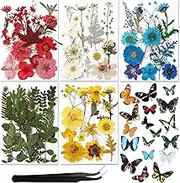 Real Dried Pressed Flower Set with Butterfly Transparent Stickers Scrapbook Decals Natural Dried Flowers Leaves with Tweezers for Resin Supplies DIY Candle Jewellery Making Multicolor
