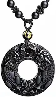 [JHBTANADFEL] Chinese Jadeite Necklace， Natural Obsidian Pendant Carved Pixiu Buckle Pendant Necklace Fashion Jewelry Lucky Amulet