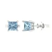 1.5Ct Blue Gemstone - Princess Cut VVS1 , Gold Stud Luxury Earrings Push-Back