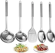 5 Pcs Kitchen Cooking Utensils Set with Hanging Hole, Professional Cooking Spoons with Strainer Spoon/Soup Ladle/Slotted Spatula/Dense Spoon/Large Round Strainer Spoon, Ergonomic Cooking Utensils (5)