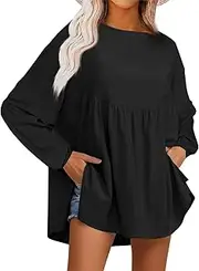 [Fisoew] Women's Tunic Shirt Long Sleeve Babydoll Peplum Tops Oversized Long Sleeve Shirts Maternity Casual Tops Tunic with Loose Fit, Black, X-Large