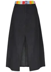 Olivia Rubin Vic Stripe-trimmed Denim Midi Skirt - Black - 12 (UK12 / M) 12 (UK12 / M)