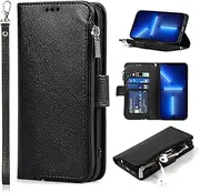 Cavor for iPhone 13 Pro Case,PU Leather Zip Pocket Wallet Flip Cover Case Magnetic Closure Book Design with Kickstand Feature & Card Slots Compatible with iPhone 13 Pro(6.1")-Black