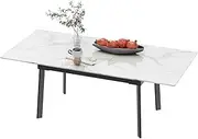 Extendable Dining Table Sintered Stone: Rectangular Kitchen Room Table Stretchable 130cm - 160cm Snow Mountain White Marble Texture Leaves Tables 4-6 Seater with Flat-Sided Oval Steel Legs