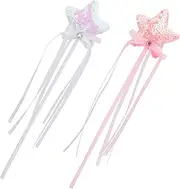 SUPVOX 2Pcs Star Shaped Fairy Wands with Ribbon Glittery Fairy Sticks for Stage Performance Birthday Parties and Dress Up Fun