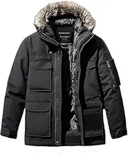 [Sumairah] Mens Parka Classic Fur Thigh Length Nylon Front Pockets Luxurious Removable Hood Winter Coat Warm Parka Jackets