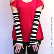 Black Pinstriped Gloves Adult Mime Costume White Long Elbow Arm Warmers Cut Out