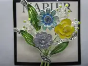 Ladies Napier Brooch Bouquet of Blue and Yellow Flowers Leaves Rhinestones