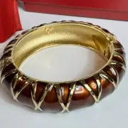 Vintage Kenneth Jay Lane KJL Gold Tone Brown Enamel Hinged Bangle Bracelet