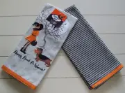 Halloween Night Set of 2 Happy Howl O Weenie and Striped Cotton Kitchen Towels