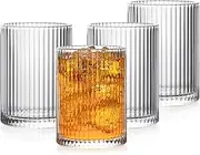 Luminthra 12 oz Ribbed Highball Glasses, Set of 4 - Elegant Art Deco Vintage Glassware for Juice and Cocktails (Style 2)