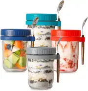 Overnight Oats Containers with Lids and Spoons,4Pack Mason Jars Oatmeal Containe