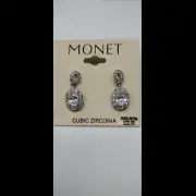 Vintage Monet Cubic Zirconia Silver Tone Drop Post Stud Pierced Earrings