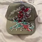Ed Hardy Green Trucker Hat Tags 2000s Rhinestone SnapBack Y2K Cap Bling Fish Gem