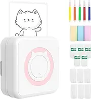 Wireless Instant Mini Printer, Portable Pocket Inkless Thermal Label Printer Sticker Maker, Bluetooth Photo Printer, 14 Rolls Paper 5 Color pens, for Receipt, Memo, Label, Study Notes (Pink)