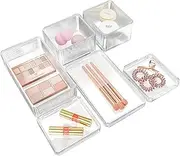 [6 Set] Lolalet Clear Cosmetic Organizer, Stackable Makeup Display Tray Jewelry Beauty Supply Brushes Powder Skin Care Holder Boxes Vanity Storage Bins for Dresser Drawer Bedroom Bathroom -4 Style