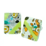Murano Glass Cufflinks Rectangular Silver Green Multi Millefiori Venice Wedding