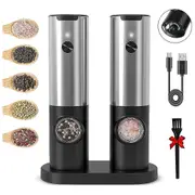 Rechargeable Electric Salt And Pepper Grinder Set With Double Charging Base, Usb Cable, Automatic Salt Pepper Grinder Black silver