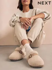 Beige Borg Buckle Mule Slippers (N96016) | $26