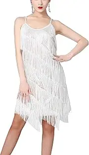 [Jugaoge] Womens Sleeveless Tassel Tango Latin Sexy Sequins Fringe Dresses Rumba Cha Cha Samba Salsa Performance Costume