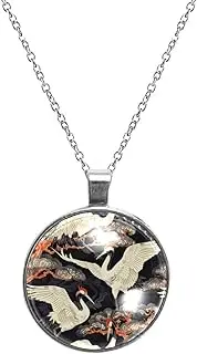 [Diusye] Necklaces for Women, Cranes on Pine Tree Print Stainless Steel Pendant Necklace Jewelry Birthday Anniversary Wife Girls Friends Gift