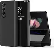 [QIWEIQING] Compatible with Samsung Galaxy Z Fold 4 Shell Case Makeup Cover Clear Bright Folding Kickstand Protective Standing Flip Mirror PU Cover for Galaxy Z Fold 4 Case. Mirror Black QH